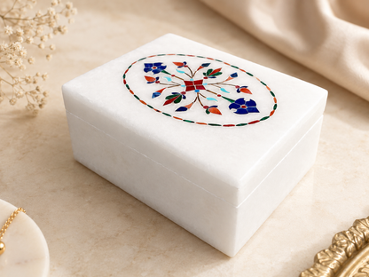 Handcrafted Alabaster Jewelry Box – Multicolor Floral Inlay Keepsake Box