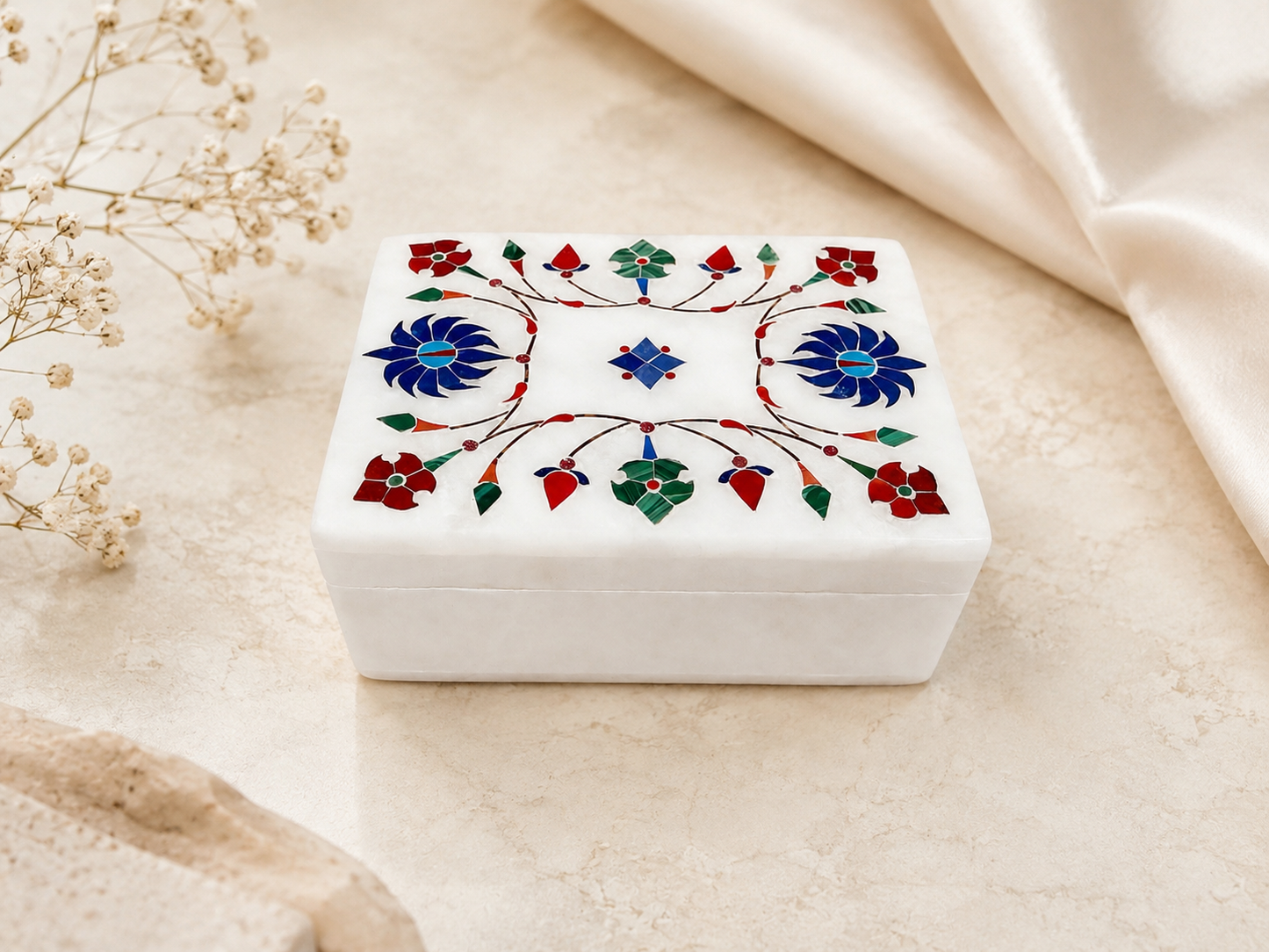 Handcrafted Alabaster Jewelry Box – Multicolor Floral Inlay Keepsake Box