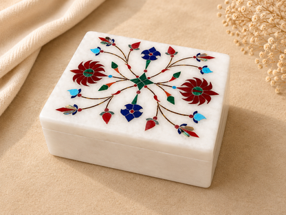 Handcrafted Alabaster Jewelry Box – Multicolor Floral Inlay Keepsake Box