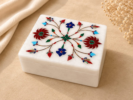 Handcrafted Alabaster Jewelry Box – Multicolor Floral Inlay Keepsake Box