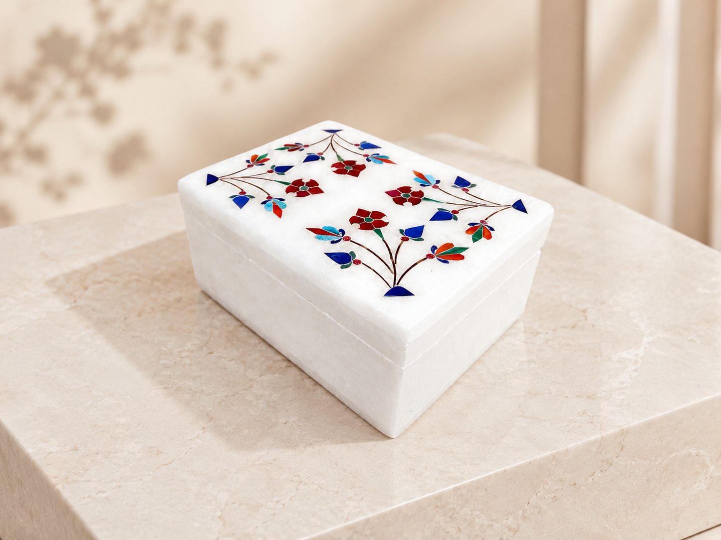 Handcrafted Alabaster Jewelry Box – Multicolor Floral Inlay Keepsake Box