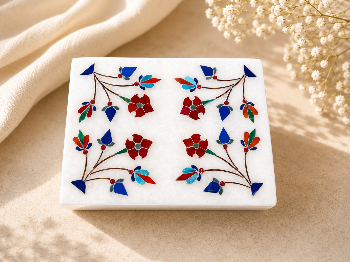 Handcrafted Alabaster Jewelry Box – Multicolor Floral Inlay Keepsake Box