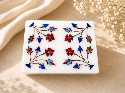 Handcrafted Alabaster Jewelry Box – Multicolor Floral Inlay Keepsake Box