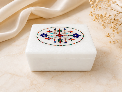 Handcrafted Alabaster Jewelry Box – Multicolor Floral Inlay Keepsake Box