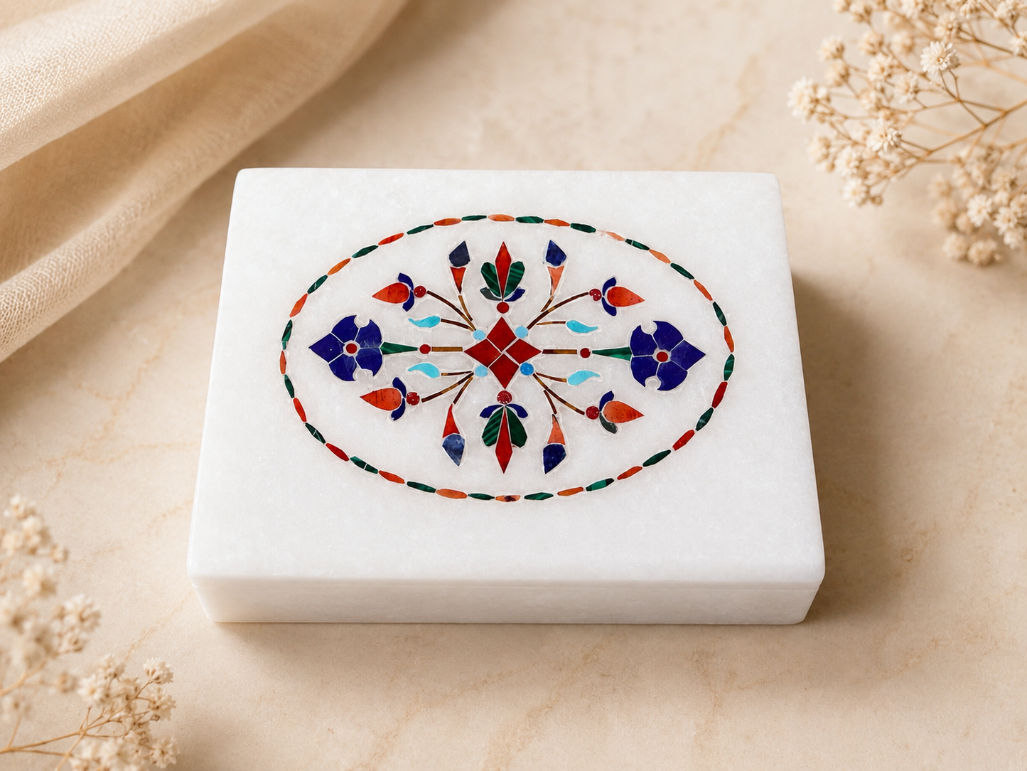 Handcrafted Alabaster Jewelry Box – Multicolor Floral Inlay Keepsake Box