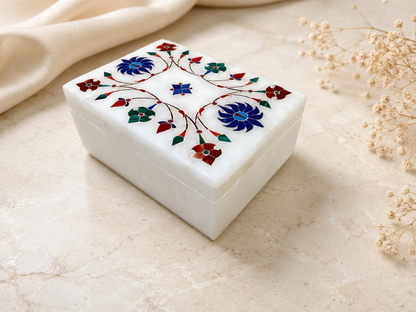 Handcrafted Alabaster Jewelry Box – Multicolor Floral Inlay Keepsake Box