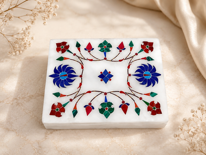 Handcrafted Alabaster Jewelry Box – Multicolor Floral Inlay Keepsake Box
