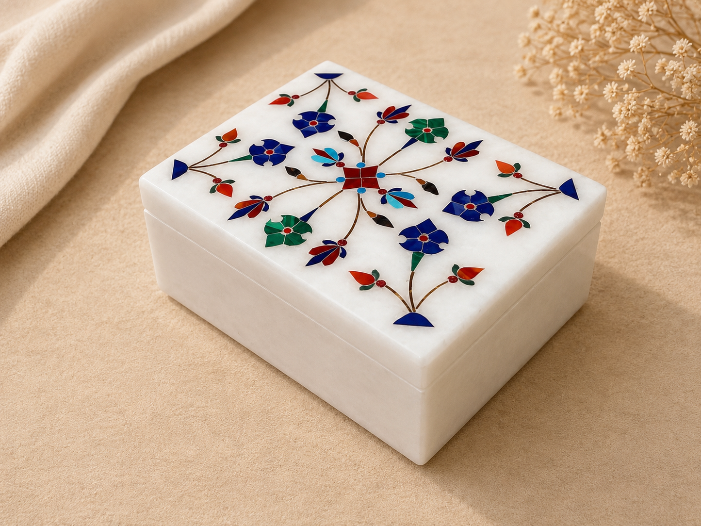 Handcrafted Alabaster Jewelry Box – Multicolor Floral Inlay Keepsake Box