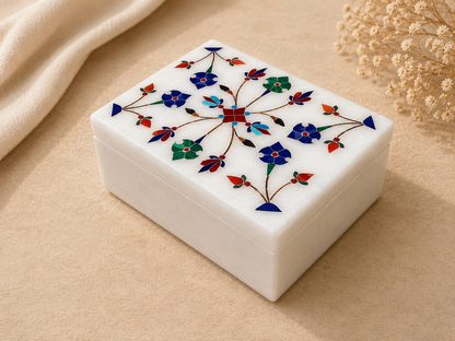 Handcrafted Alabaster Jewelry Box – Multicolor Floral Inlay Keepsake Box