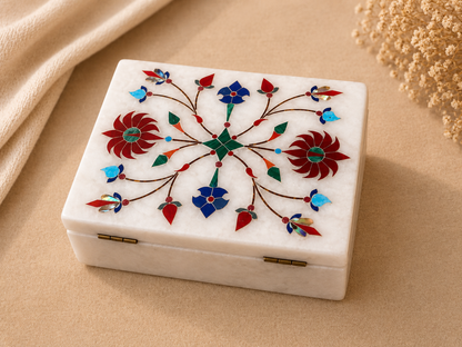 Handcrafted Alabaster Jewelry Box – Multicolor Floral Inlay Keepsake Box