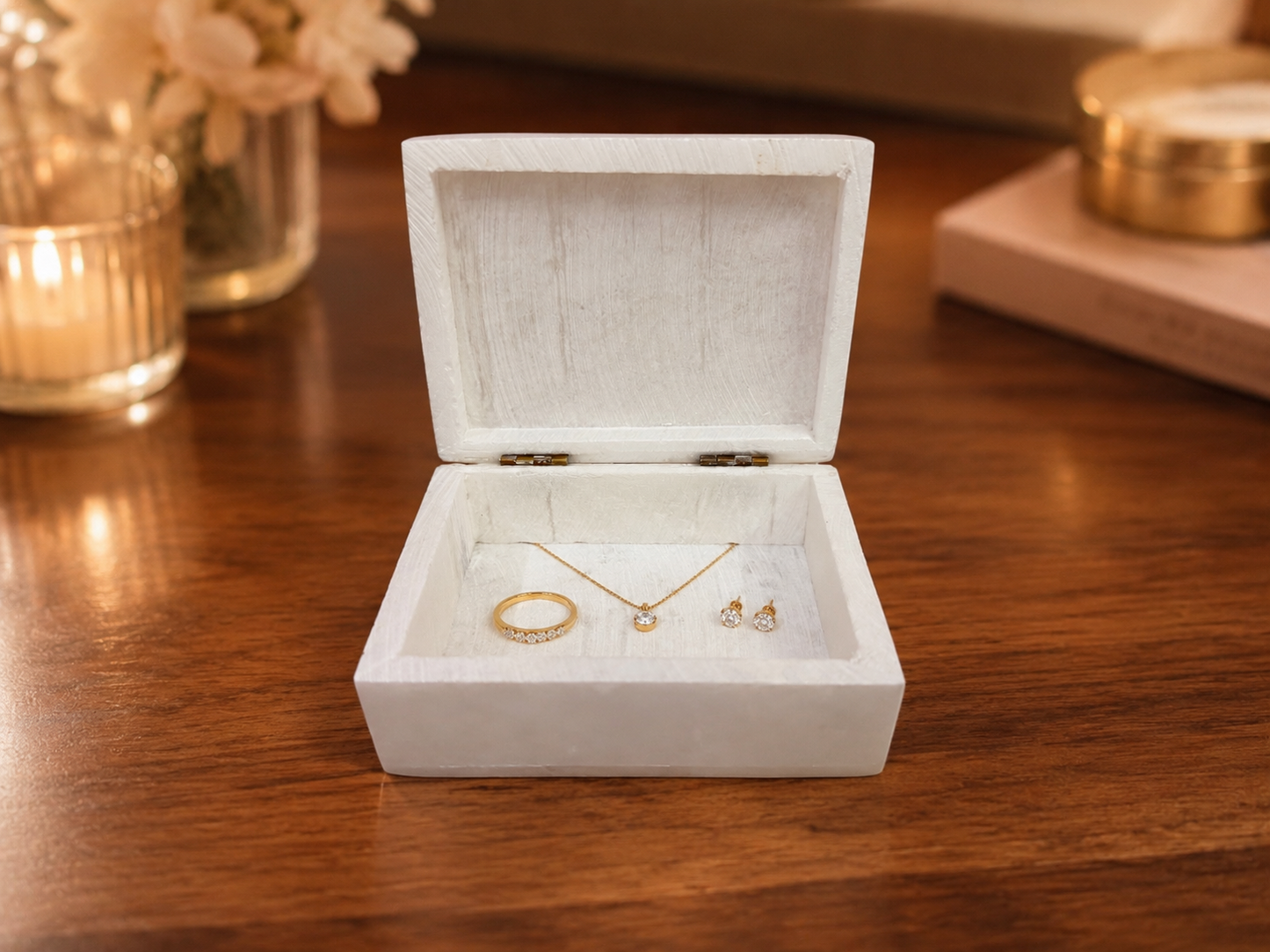 Handcrafted Alabaster Jewelry Box – Multicolor Floral Inlay Keepsake Box