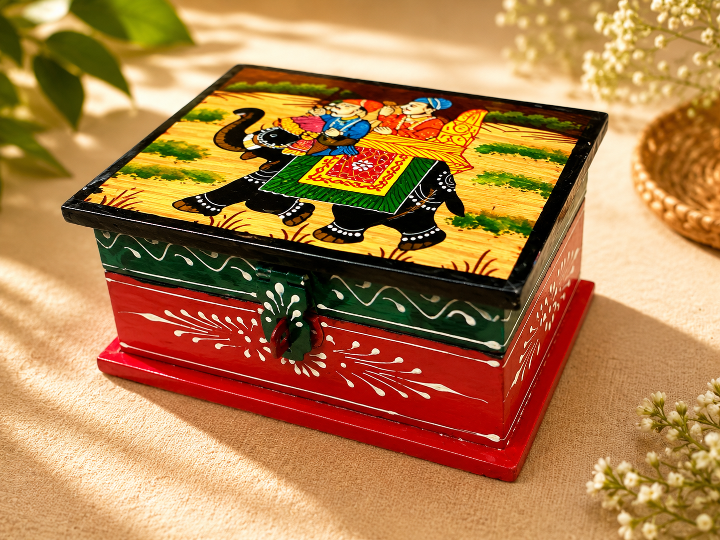 Hand-Painted Wooden Jewelry Box – Elephant Art Keepsake Box