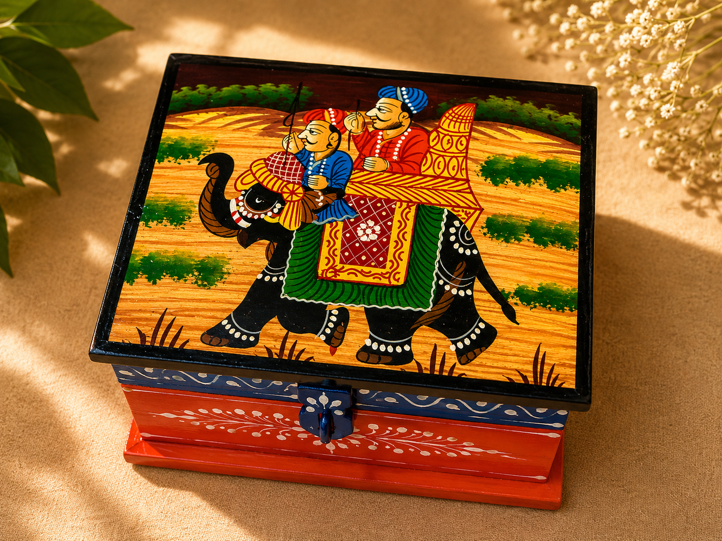 Hand-Painted Wooden Jewelry Box – Elephant Art Keepsake Box