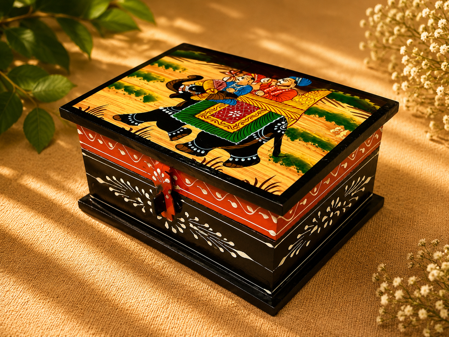 Hand-Painted Wooden Jewelry Box – Elephant Art Keepsake Box