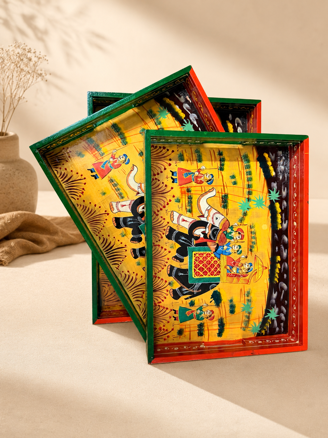 Hand-Painted Wooden Tray Set of 3 – Indian Elephant Art Decorative Serving Trays