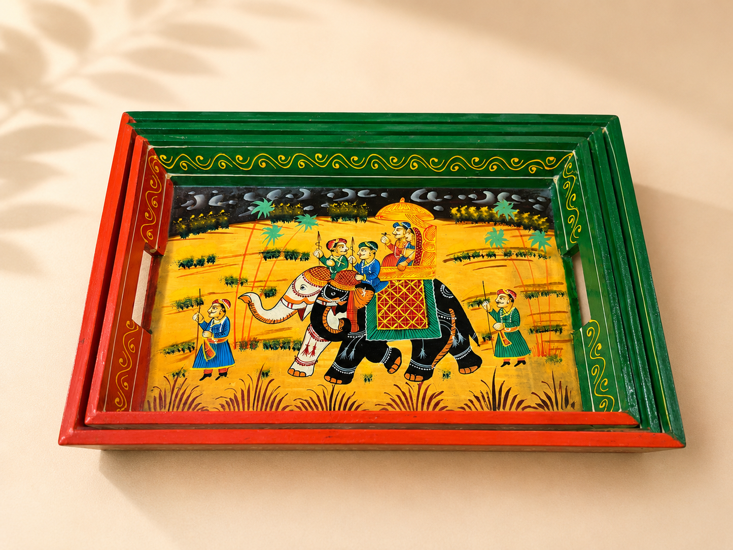 Hand-Painted Wooden Tray Set of 3 – Indian Elephant Art Decorative Serving Trays