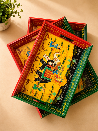 Hand-Painted Wooden Tray Set of 3 – Indian Elephant Art Decorative Serving Trays