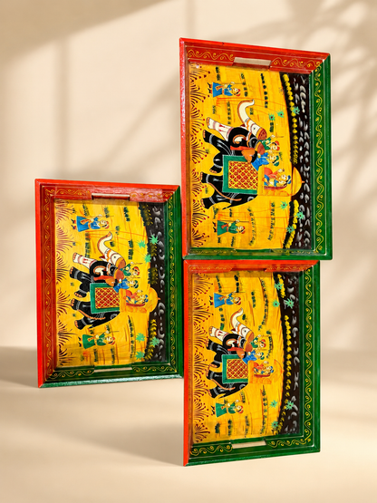 Hand-Painted Wooden Tray Set of 3 – Indian Elephant Art Decorative Serving Trays