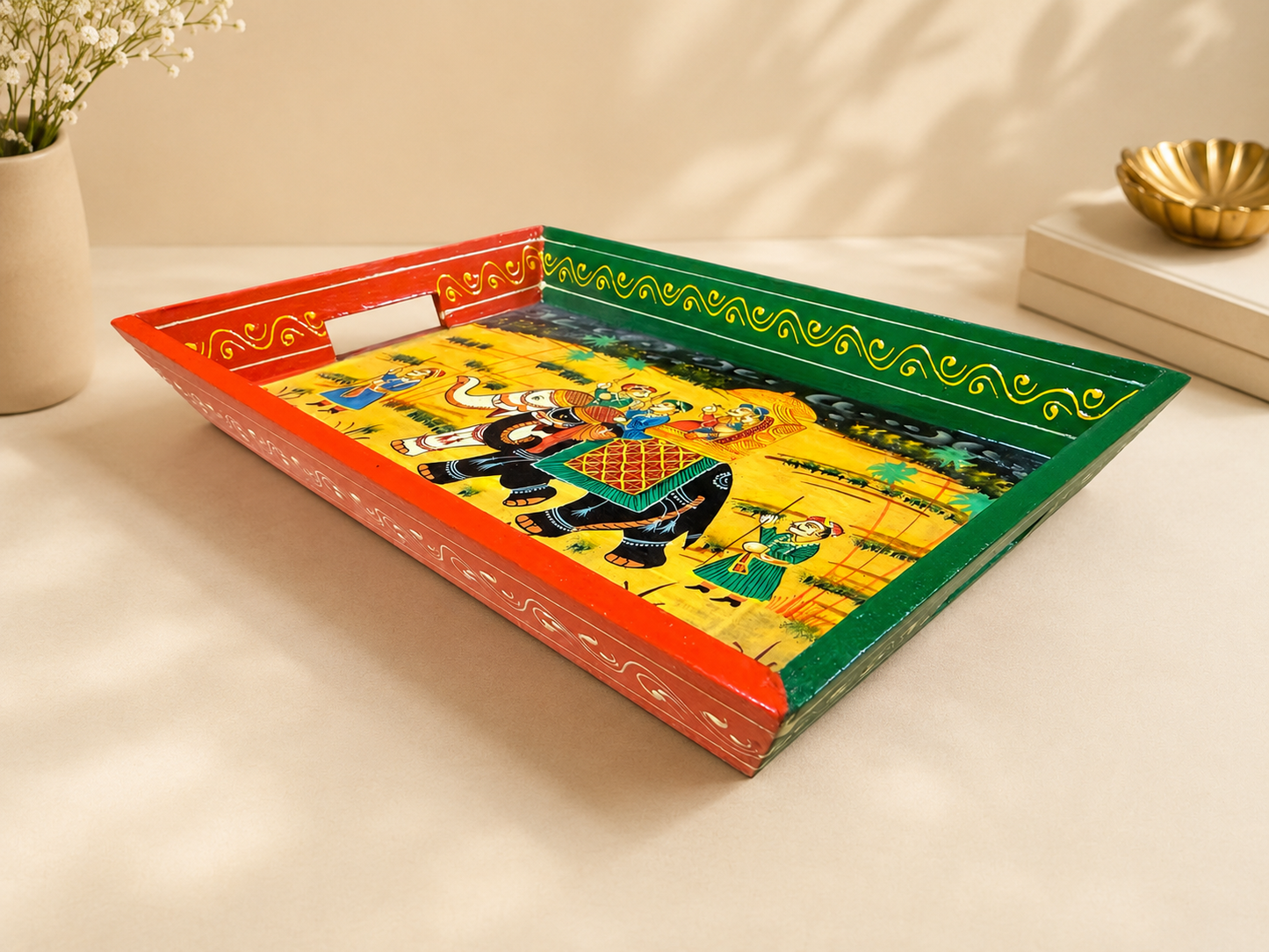 Hand-Painted Wooden Tray Set of 3 – Indian Elephant Art Decorative Serving Trays
