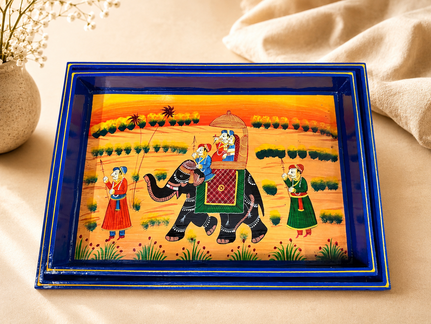 Hand-Painted Wooden Tray Set of 2 – Indian Camel & Elephant Art Serving Trays