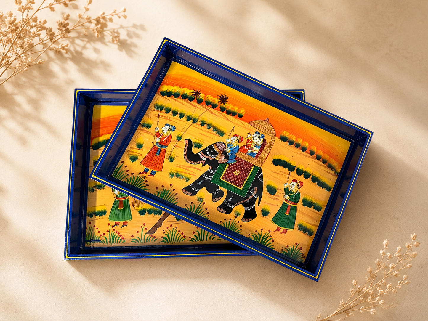 Hand-Painted Wooden Tray Set of 2 – Indian Camel & Elephant Art Serving Trays