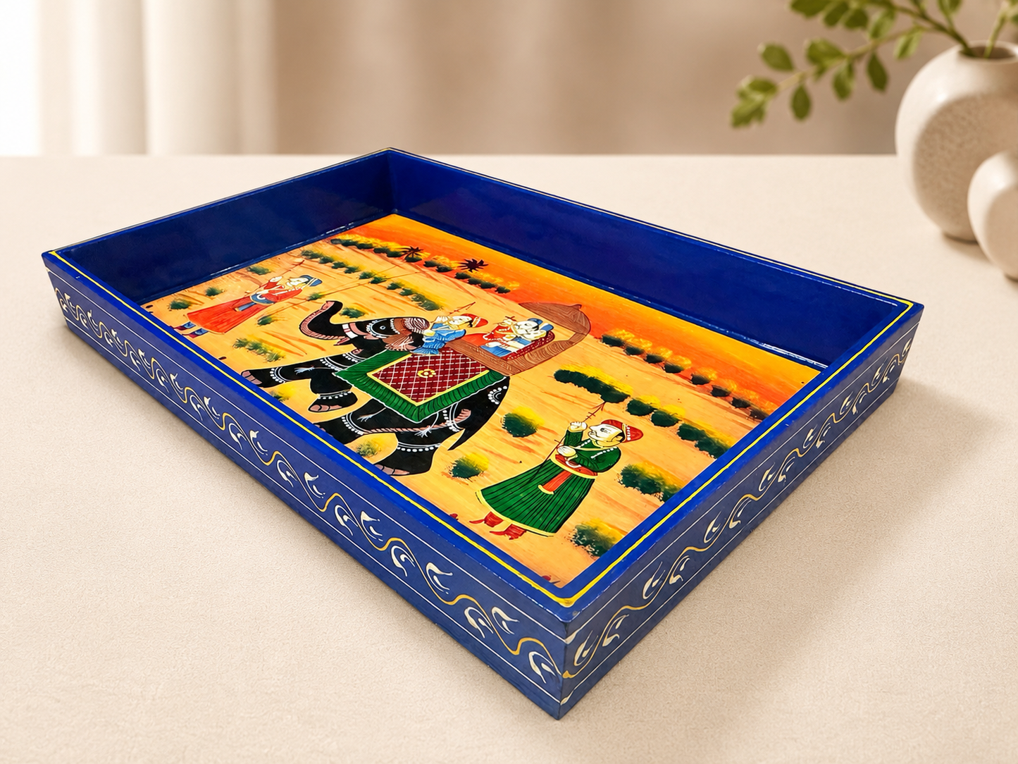 Hand-Painted Wooden Tray Set of 2 – Indian Camel & Elephant Art Serving Trays