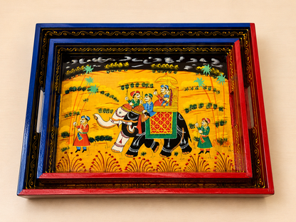 Hand-Painted Wooden Tray Set of 2 – Indian Elephant Art Decorative Serving Trays