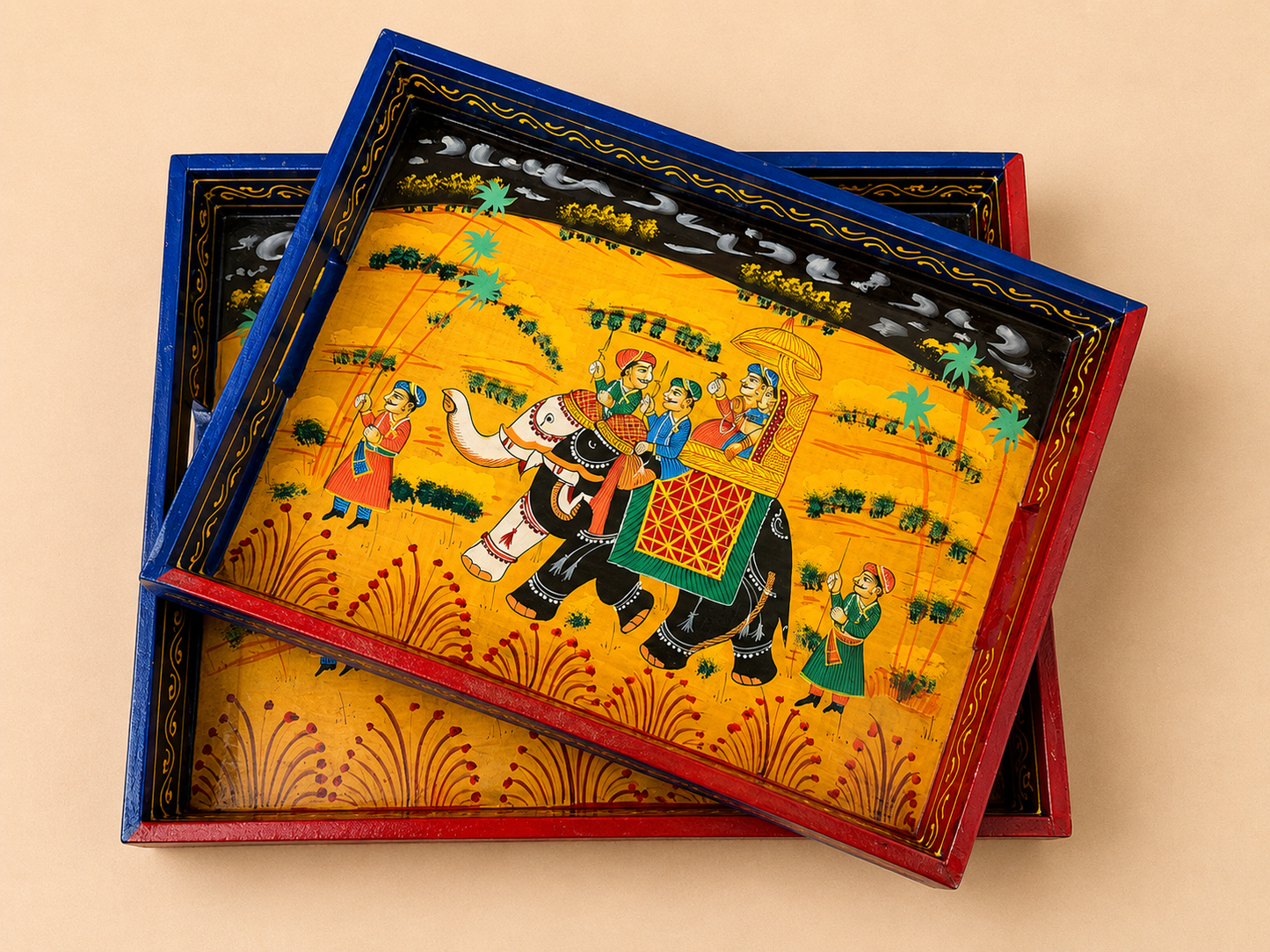 Hand-Painted Wooden Tray Set of 2 – Indian Elephant Art Decorative Serving Trays