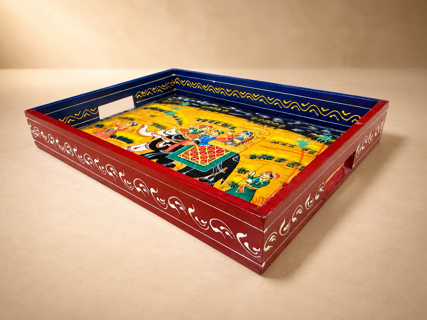 Hand-Painted Wooden Tray Set of 2 – Indian Elephant Art Decorative Serving Trays