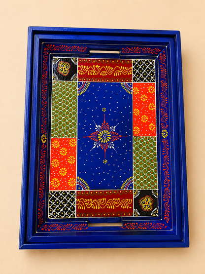 Hand-Painted Wooden Tray Set of 2 – Blue Patchwork Art Decorative Serving Trays