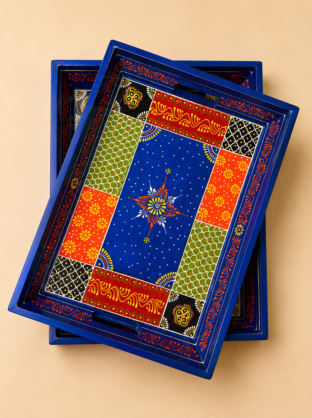 Hand-Painted Wooden Tray Set of 2 – Blue Patchwork Art Decorative Serving Trays