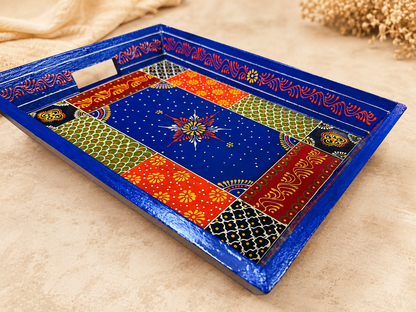 Hand-Painted Wooden Tray Set of 2 – Blue Patchwork Art Decorative Serving Trays