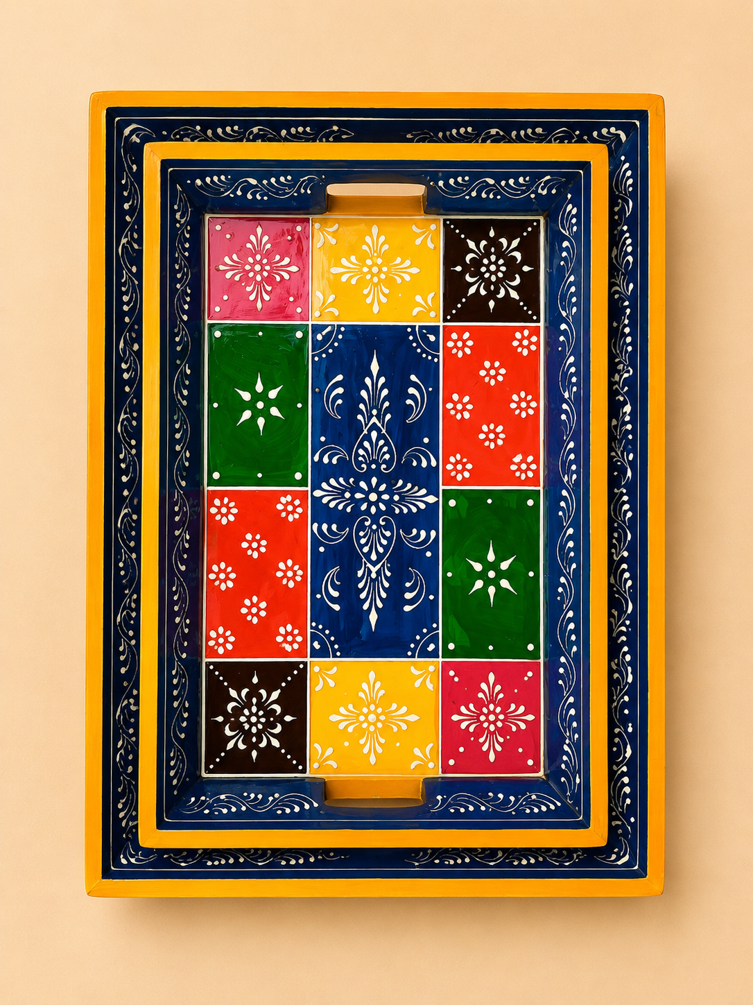 Hand-Painted Wooden Tray Set of 2 – Blue & Yellow Patchwork Serving Trays