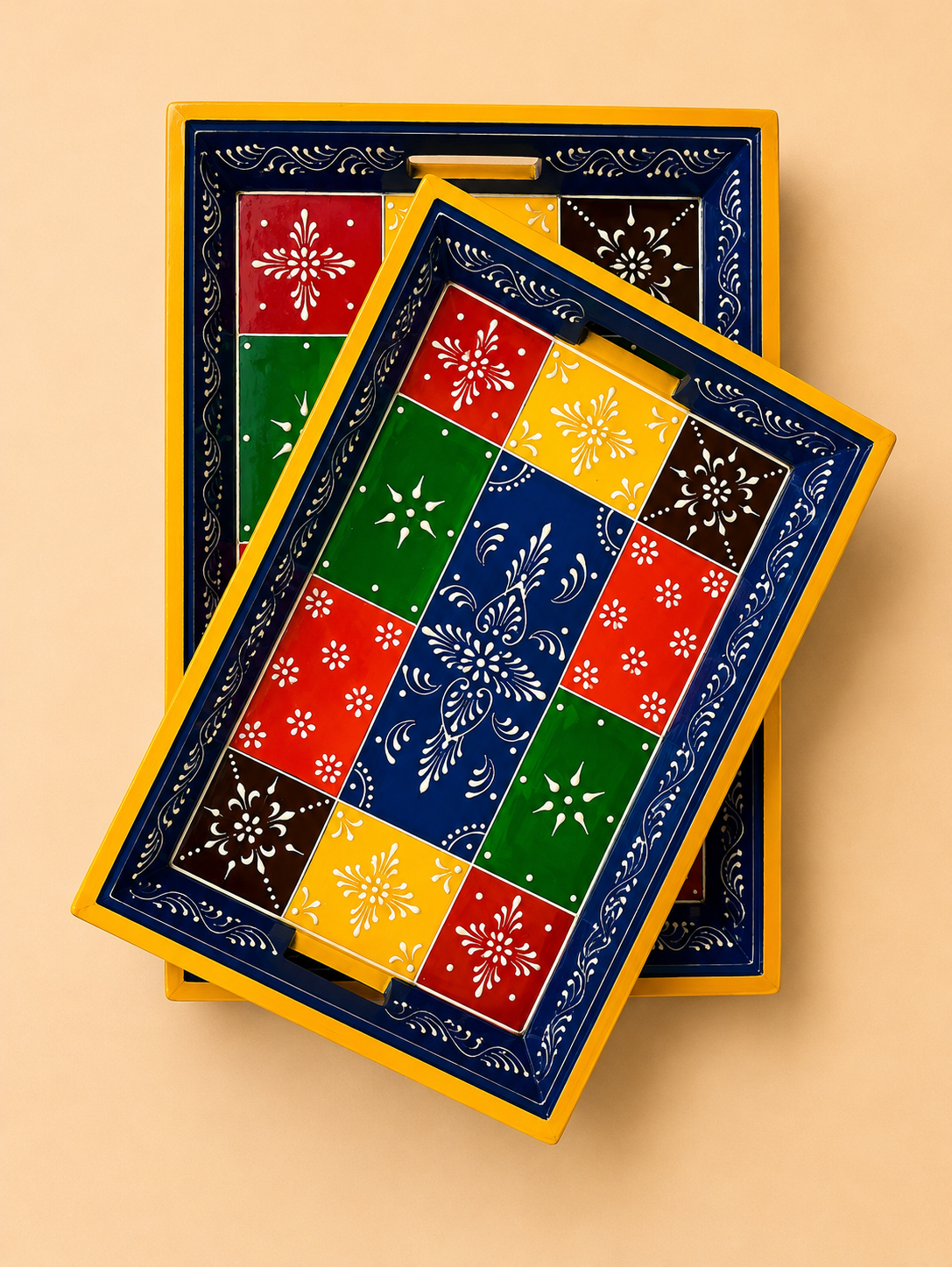 Hand-Painted Wooden Tray Set of 2 – Blue & Yellow Patchwork Serving Trays