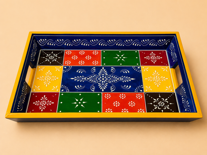 Hand-Painted Wooden Tray Set of 2 – Blue & Yellow Patchwork Serving Trays