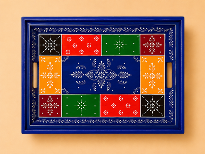 Hand-Painted Wooden Tray Set of 2 – Blue & Yellow Patchwork Serving Trays