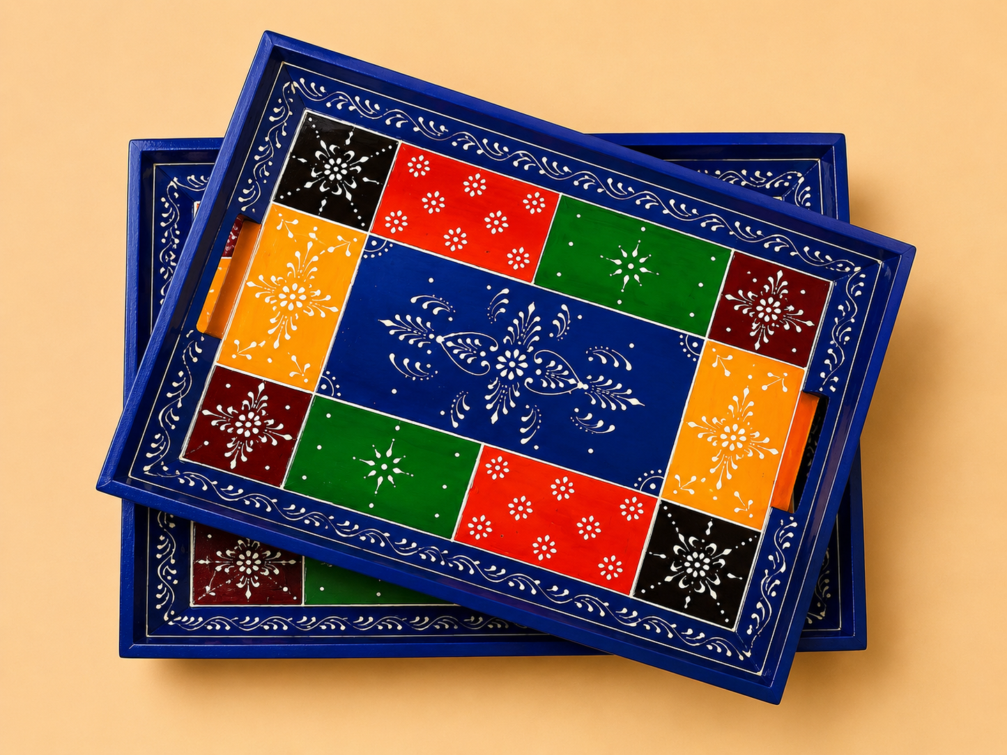 Hand-Painted Wooden Tray Set of 2 – Blue & Yellow Patchwork Serving Trays
