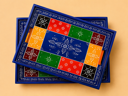 Hand-Painted Wooden Tray Set of 2 – Blue & Yellow Patchwork Serving Trays