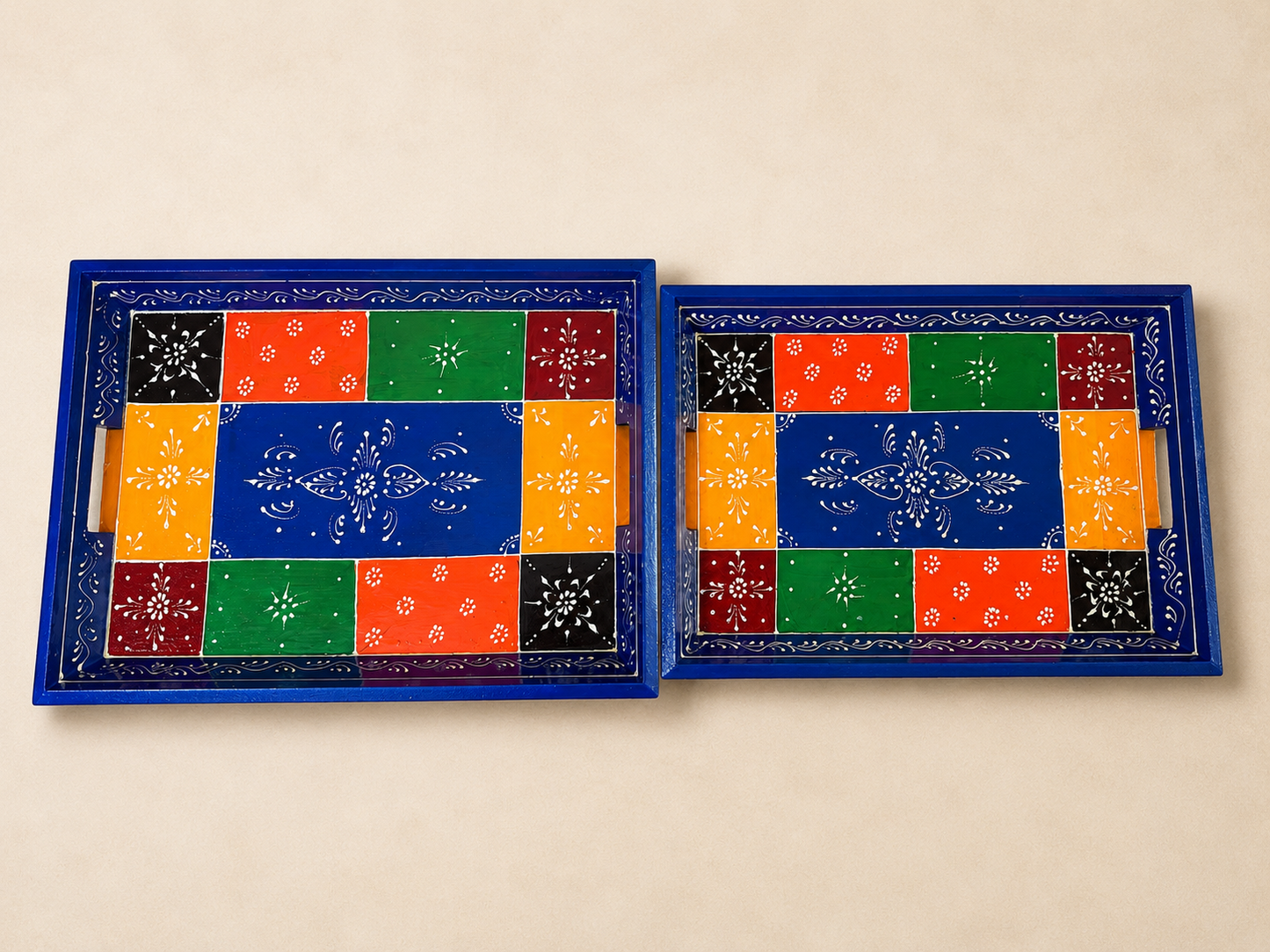 Hand-Painted Wooden Tray Set of 2 – Blue & Yellow Patchwork Serving Trays