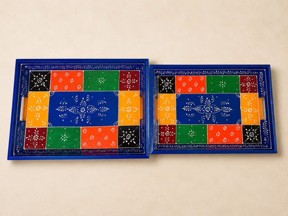 Hand-Painted Wooden Tray Set of 2 – Blue & Yellow Patchwork Serving Trays