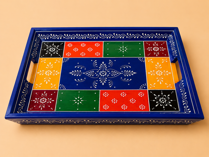 Hand-Painted Wooden Tray Set of 2 – Blue & Yellow Patchwork Serving Trays