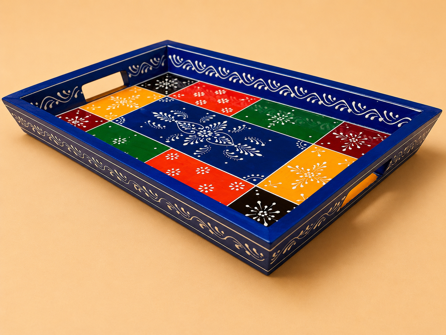 Hand-Painted Wooden Tray Set of 2 – Blue & Yellow Patchwork Serving Trays