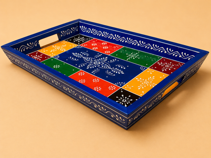 Hand-Painted Wooden Tray Set of 2 – Blue & Yellow Patchwork Serving Trays