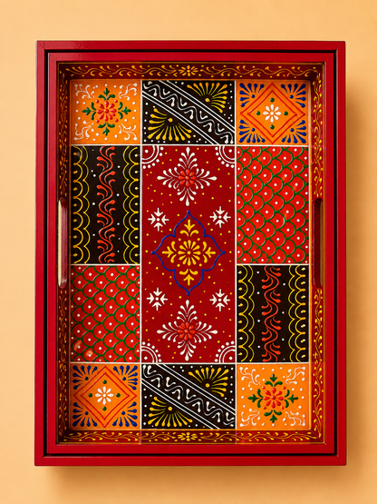 Hand-Painted Wooden Tray Set of 2 – Red Patchwork Art Decorative Serving Trays
