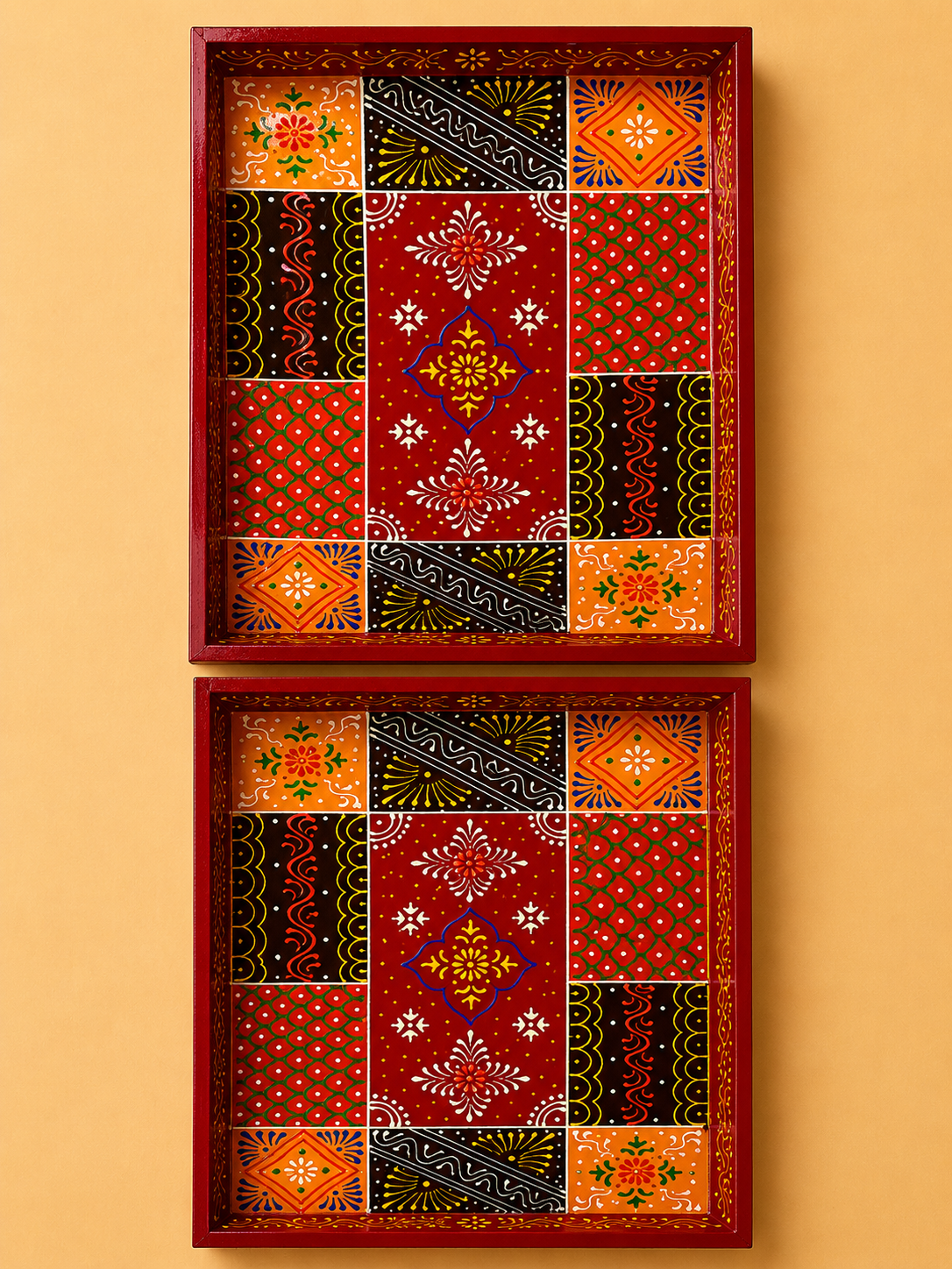 Hand-Painted Wooden Tray Set of 2 – Red Patchwork Art Decorative Serving Trays