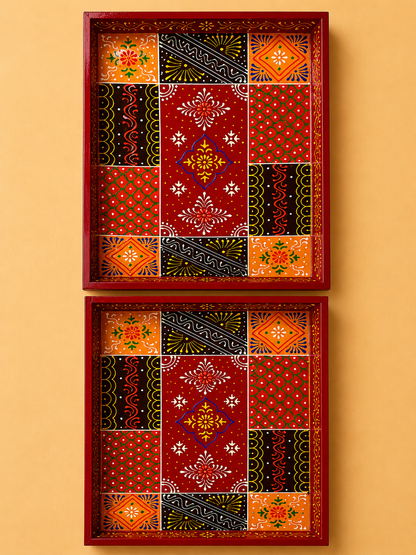 Hand-Painted Wooden Tray Set of 2 – Red Patchwork Art Decorative Serving Trays