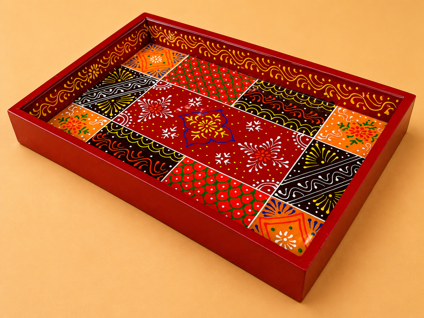 Hand-Painted Wooden Tray Set of 2 – Red Patchwork Art Decorative Serving Trays