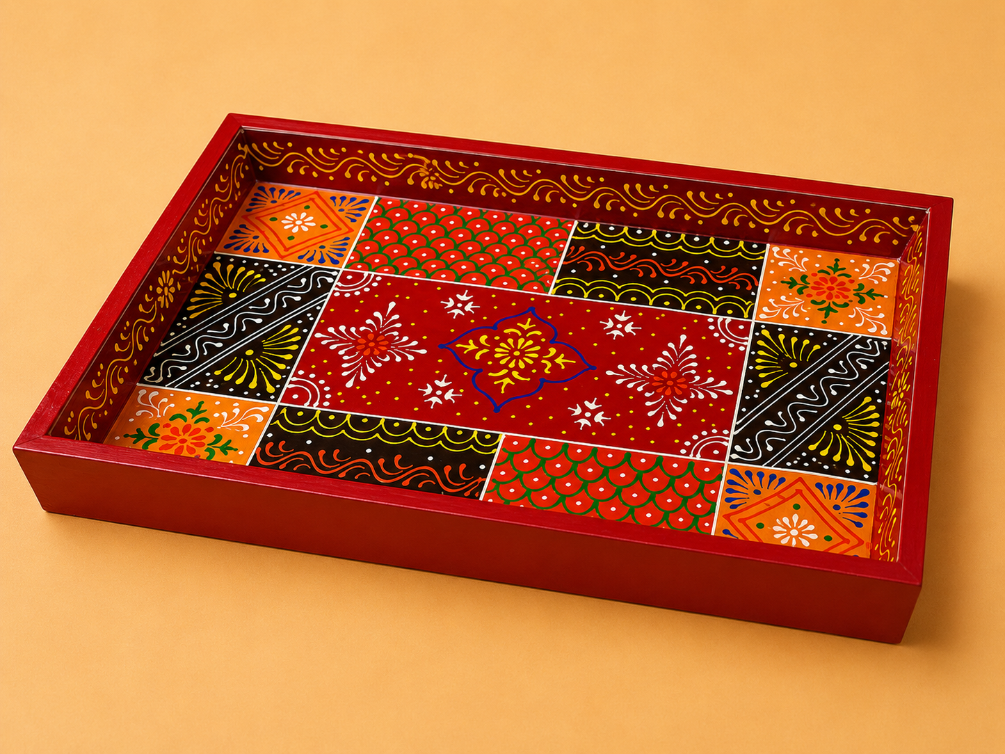 Hand-Painted Wooden Tray Set of 2 – Red Patchwork Art Decorative Serving Trays