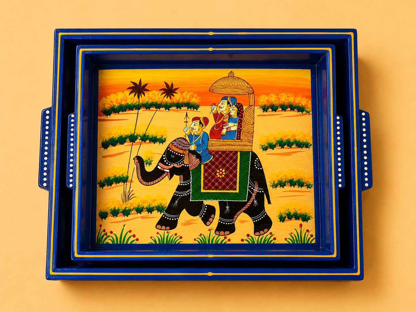 Hand-Painted Wooden Tray Set of 2 – Blue Elephant Procession Serving Trays