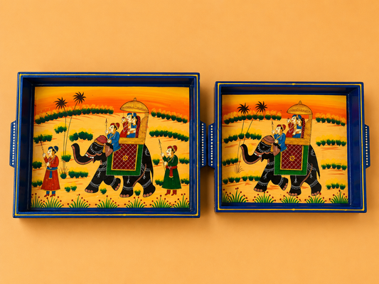 Hand-Painted Wooden Tray Set of 2 – Blue Elephant Procession Serving Trays